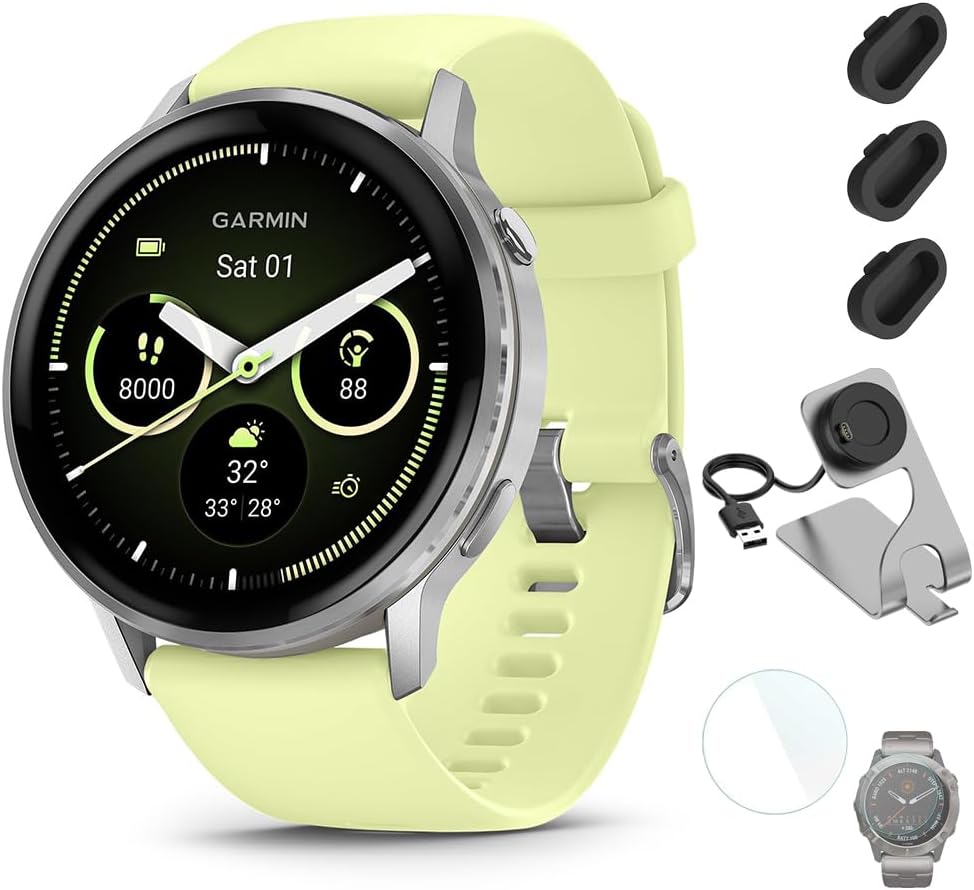 Garmin Venu 4 (45mm) Smartwatch – GPS, AMOLED, Sleep Coach, Body Battery, Silver with Citron Silicone Band Bundle with Deco Essentials Charging Dock, 3-Pack Dust Covers & 1.4' Screen Protector