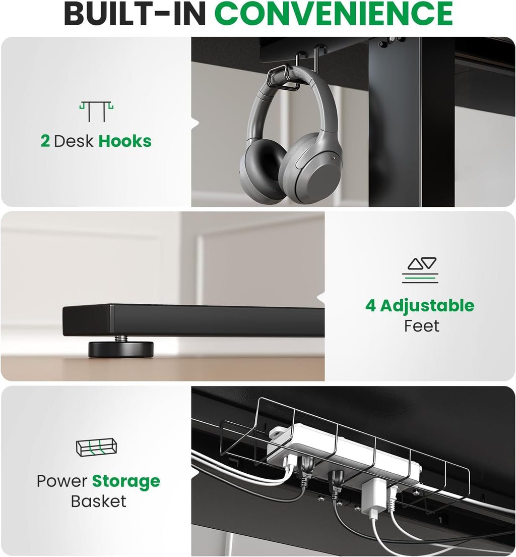 Electric Standing Desk Adjustable - 63x30 Inch Sit Stand Desk with 1 Inch Thick Tabletop, Double Beam Frame, 3 Memory Height Adjustment, Cable Management for Home Office
