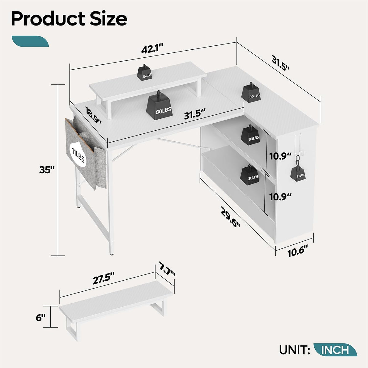 Bestier L Shaped Gaming Desk with LED Lights, 42 Inch Computer Desk with Monitor Stand & Open Storage Cabinet,Writing Study Corner Desk for Home Office Bedroom, White