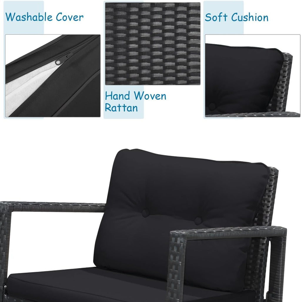 COSTWAY 3 Pieces Patio Rattan Rocking Chair Set, Outdoor Conversation Furniture Sets with Coffee Table, Storage Shelf and Cushions, Modern Bistro Set for Porch, Backyard, Garden, Black