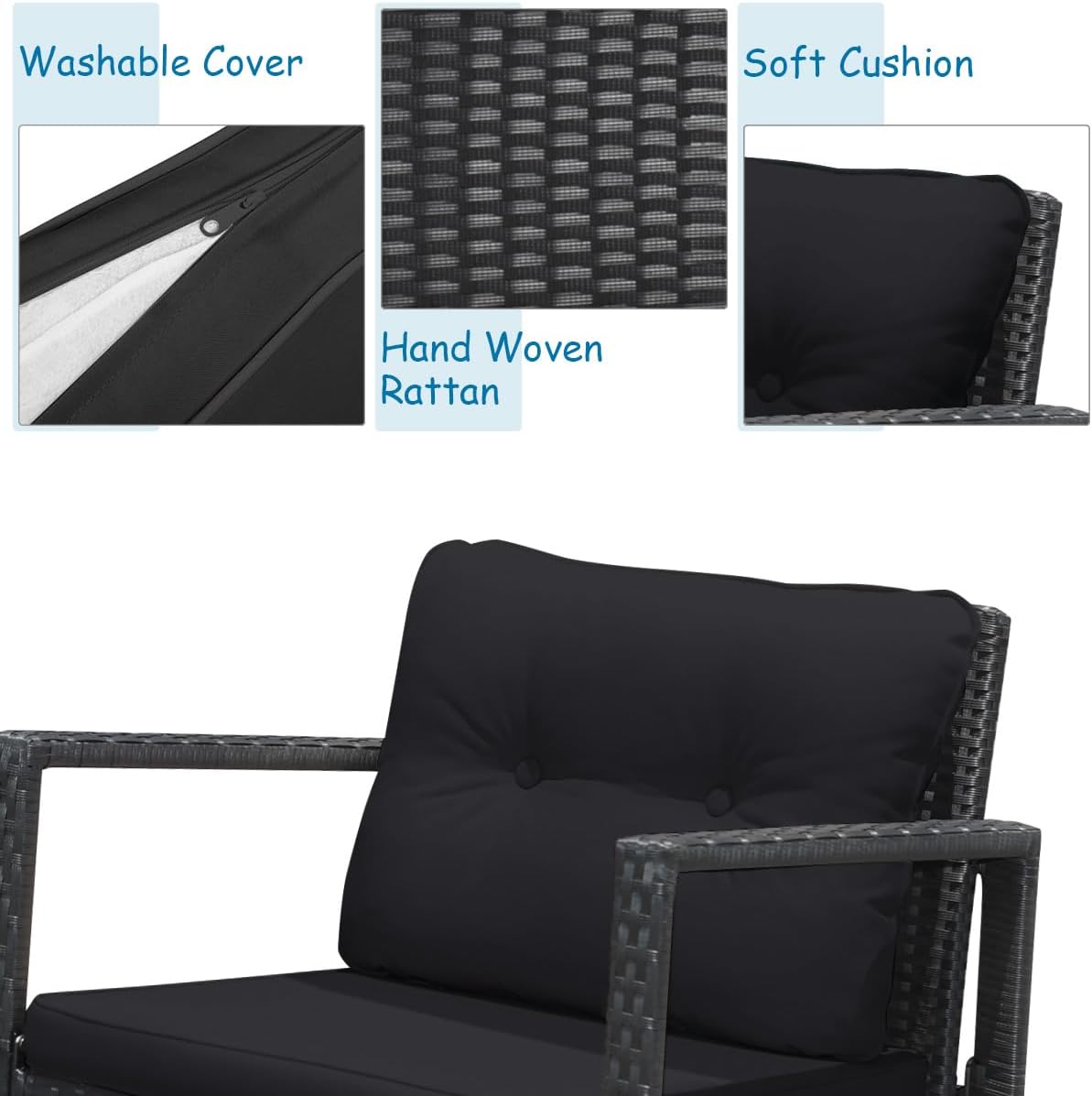 COSTWAY 3 Pieces Patio Rattan Rocking Chair Set, Outdoor Conversation Furniture Sets with Coffee Table, Storage Shelf and Cushions, Modern Bistro Set for Porch, Backyard, Garden, Black