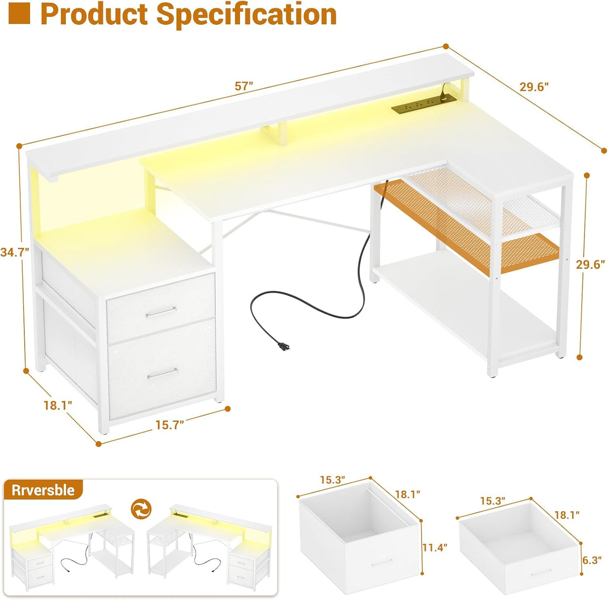 Aheaplus L Shaped Desk with File Drawer, Reversible L Shaped Computer Desk Gaming Desk with Power Outlet & LED Strip, Home Office Desk with Monitor Shelf, Corner Desk with Storage Shelves, White