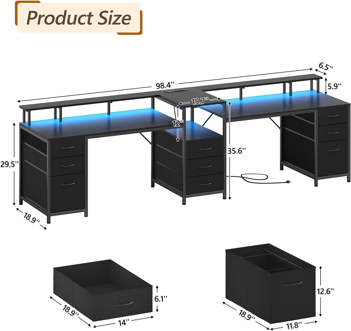 YOMILUVE 98.4' Long Computer Desk with 9 Drawers, 2 Person Gaming Desk with LED Lights & Power Outlet, Two Person Home Office Desk with Storage, Printer Shelf ＆ Monitor Stand, Black