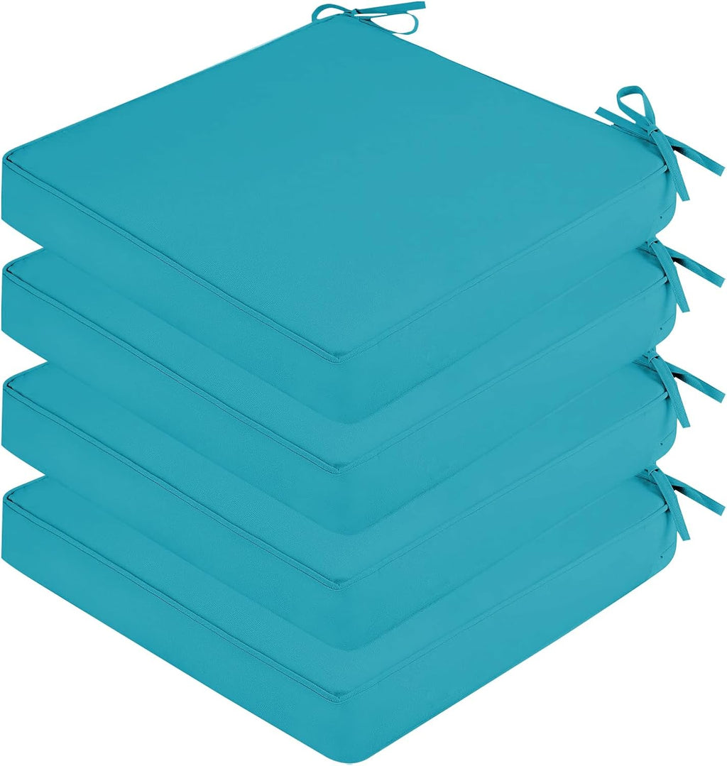 SK Studio Outdoor Chair Cushions for Patio Furniture, Set of 4 Waterproof Square Corner Memory Foam Patio Chair Cushion with Adjustable Ties Outdoor Seat Cushions, Blue, 19'x19'x3'