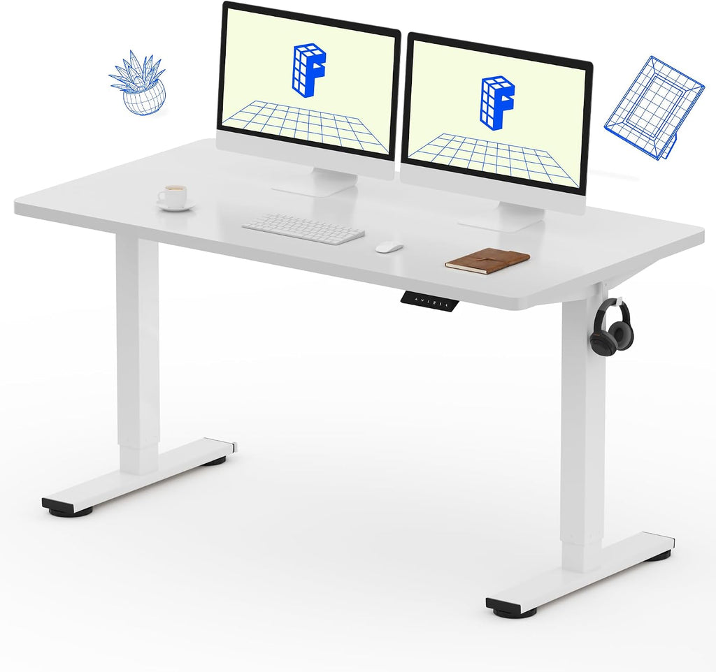FLEXISPOT EN1 One-Piece Standing Desk with 1-Inch Thick Seamless Desktop, 55'x28' Electric Height Adjustable Desk for Home Office, Multi-Monitor Setups & Easy Assembly, White