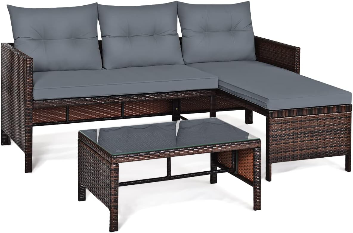 3 Pieces Rattan Sectional Sofa Set, Patio Wicker Rattan Conversation Set with Chaise Lounge, Love Seat & Coffee Table, Patio Furniture Set for Garden, Lawn, Poolside (Gray)