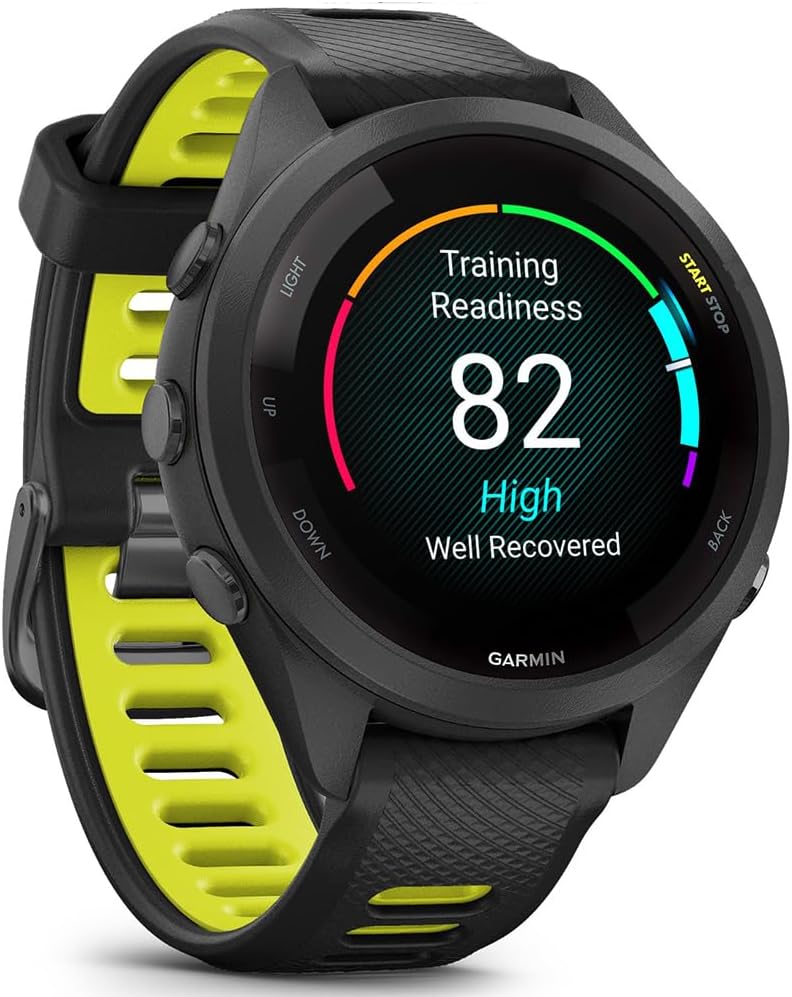 Garmin 010-02810-03 Forerunner 265S GPS Smartwatch Black/Amp Yellow Bundle with Deco Essentials Charging Dock, Silicone Dust Cover 3 Pack and USB Type C Charging Cable