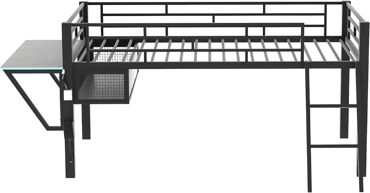 Bellemave Twin Loft Bed with Desk, Gaming mid loft Bed with Desk, LED for Adults, Teens, Kids, Black