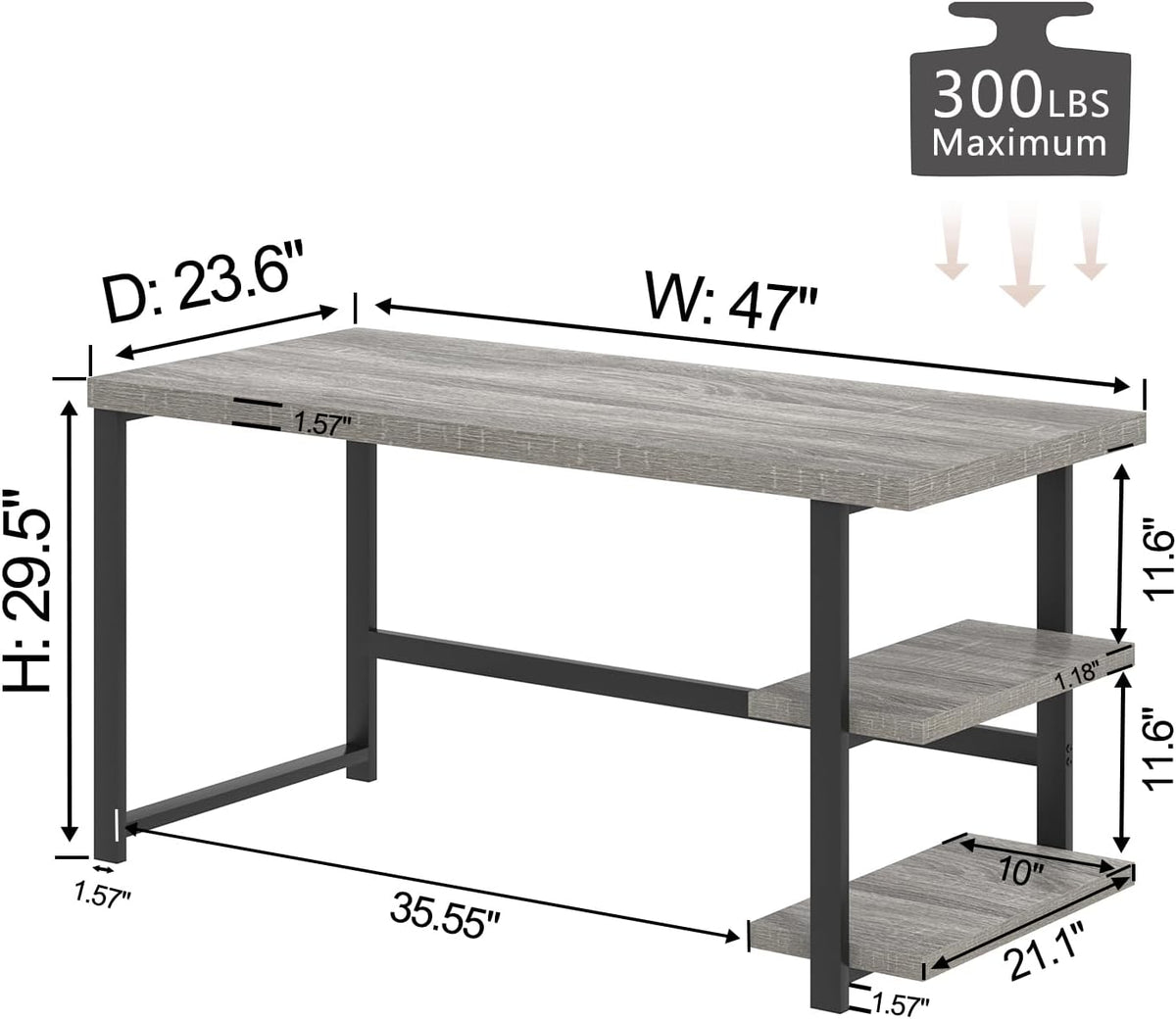 FOLUBAN 47 Inch Home Office Desk, Modern Computer Desk with Storage Shelves, Small Study Writing Gaming Table Workstation for Living Room Bedroom, Industrial Light Grey