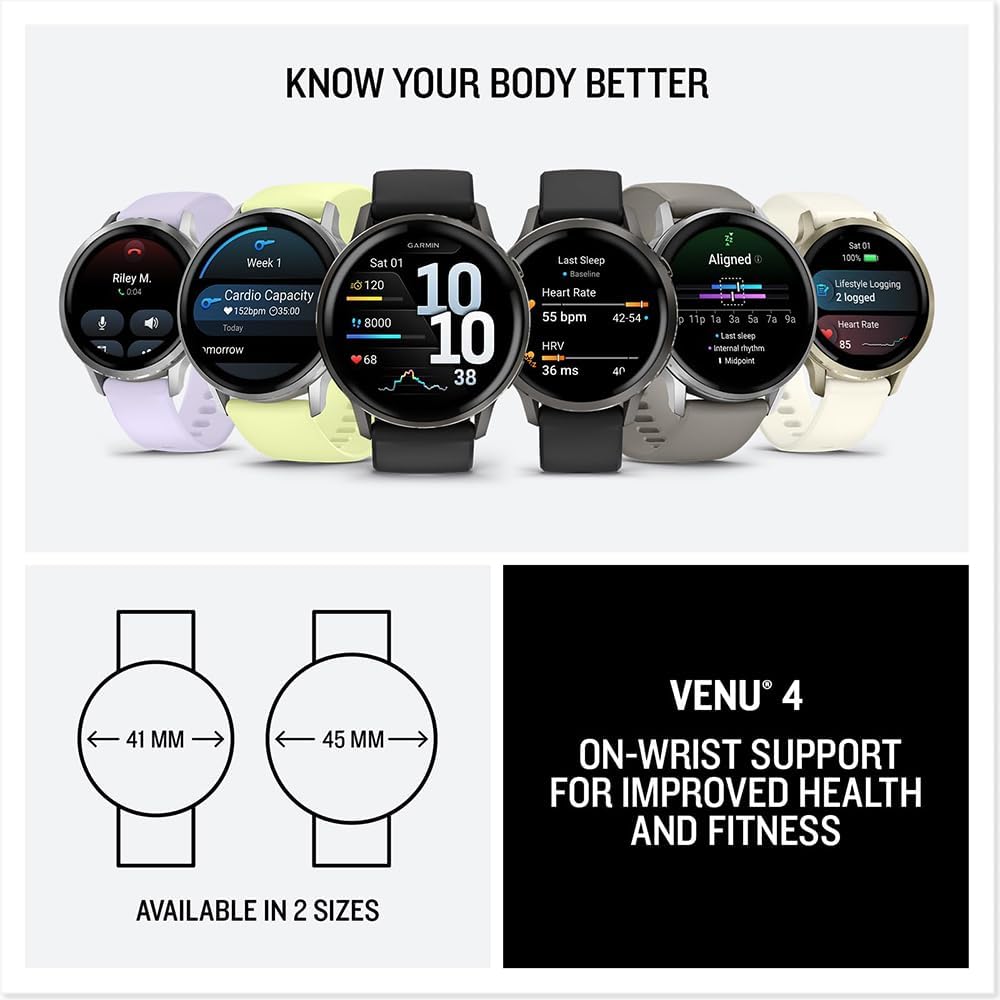 Garmin 010-03013-00 Venu 4, 41mm Health & Fitness GPS Smartwatch, Lunar Gold with Bone Silicone Band Bundle with Deco Essentials Exclusive 26 Month CPS Enhanced Protection Pack