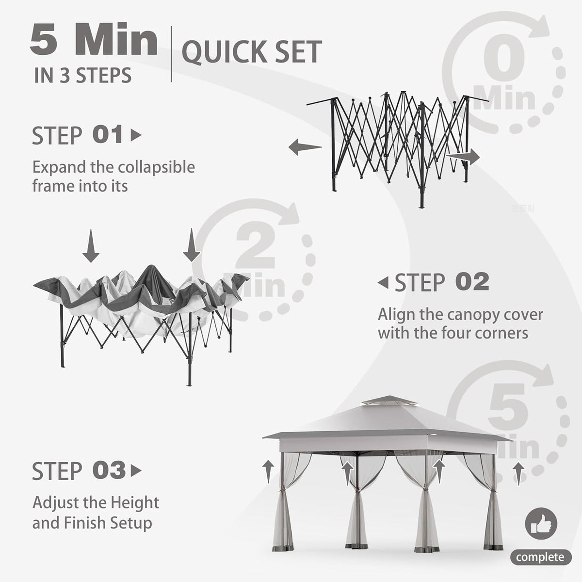Bezseller 11x11 Pop Up Gazebo with Mosquito Netting, Easy 1-Person Setup Outdoor Canopy, Water-Resistant Portable Shelter for Patio, Backyard & Garden, UV Protection, Light Grey