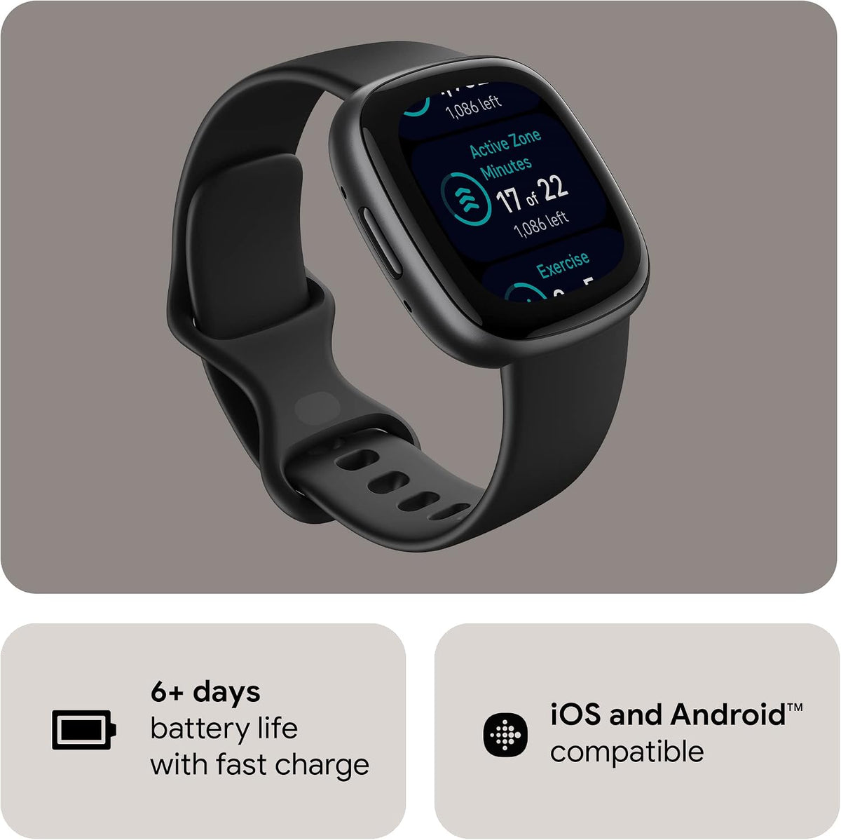 Fitbit Versa 4 Fitness Smartwatch with Daily Readiness, GPS, 24/7 Heart Rate, 40+ Exercise Modes, Sleep Tracking and more, Black/Graphite, One Size (S & L Bands Included)