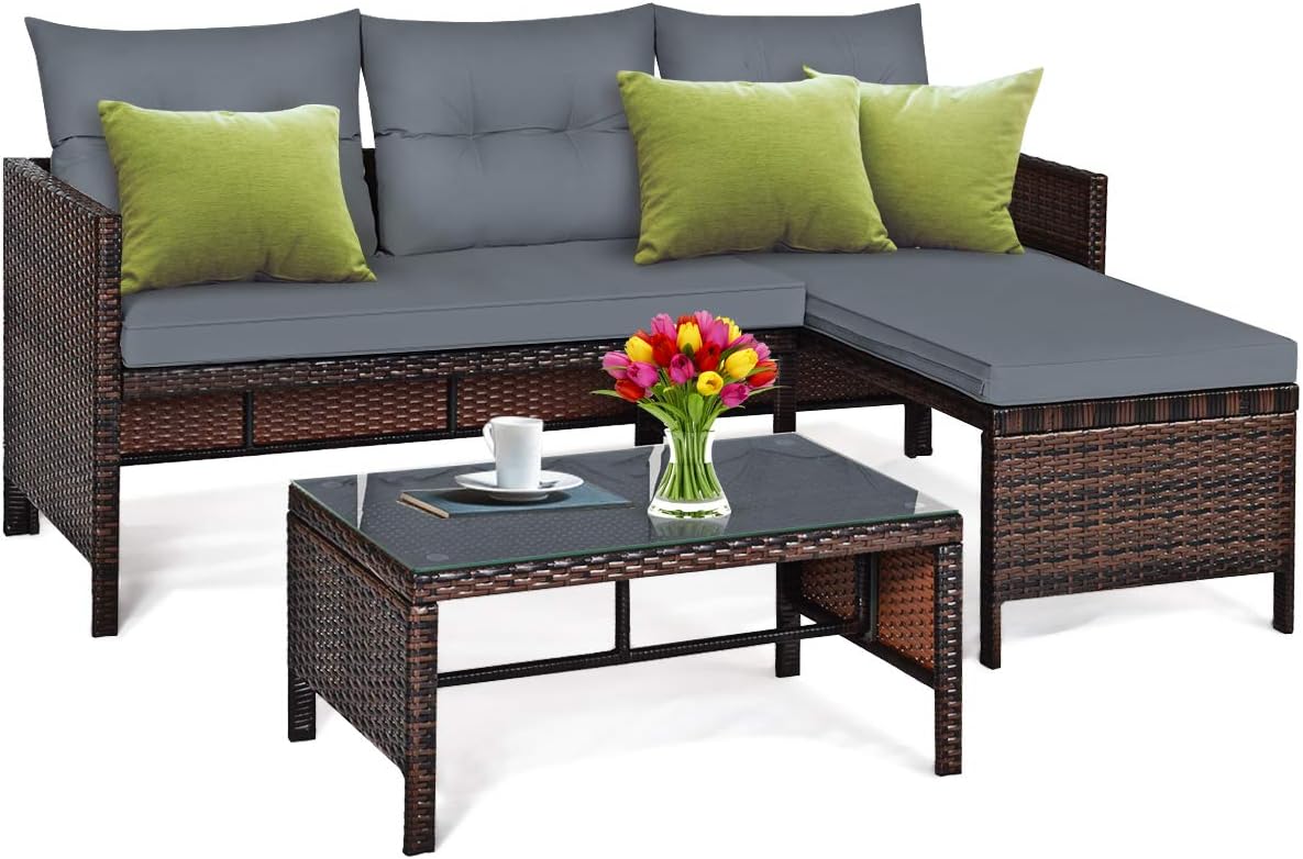 DORTALA Wicker Patio Furniture Set Couch 3 Piece, L-Shaped PE Rattan Outdoor Sectional Sofa Conversation Set with Loveseat, Lounge and Tempered Glass Coffee Table for Garden Lawn Deck, Grey