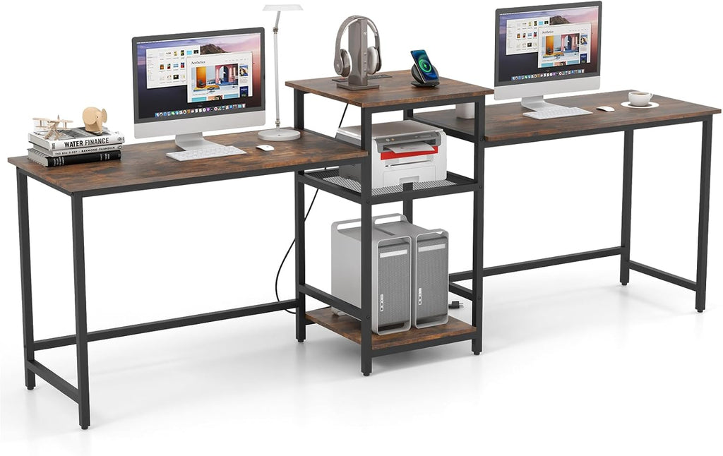 Tangkula 97' Extra Long 2-Person Computer Desk with Power Outlet, Home Office Computer Workstation with Printer Stand, Metal Mesh Shelf & CPU Stand, Double Gaming Table (Rustic Brown)