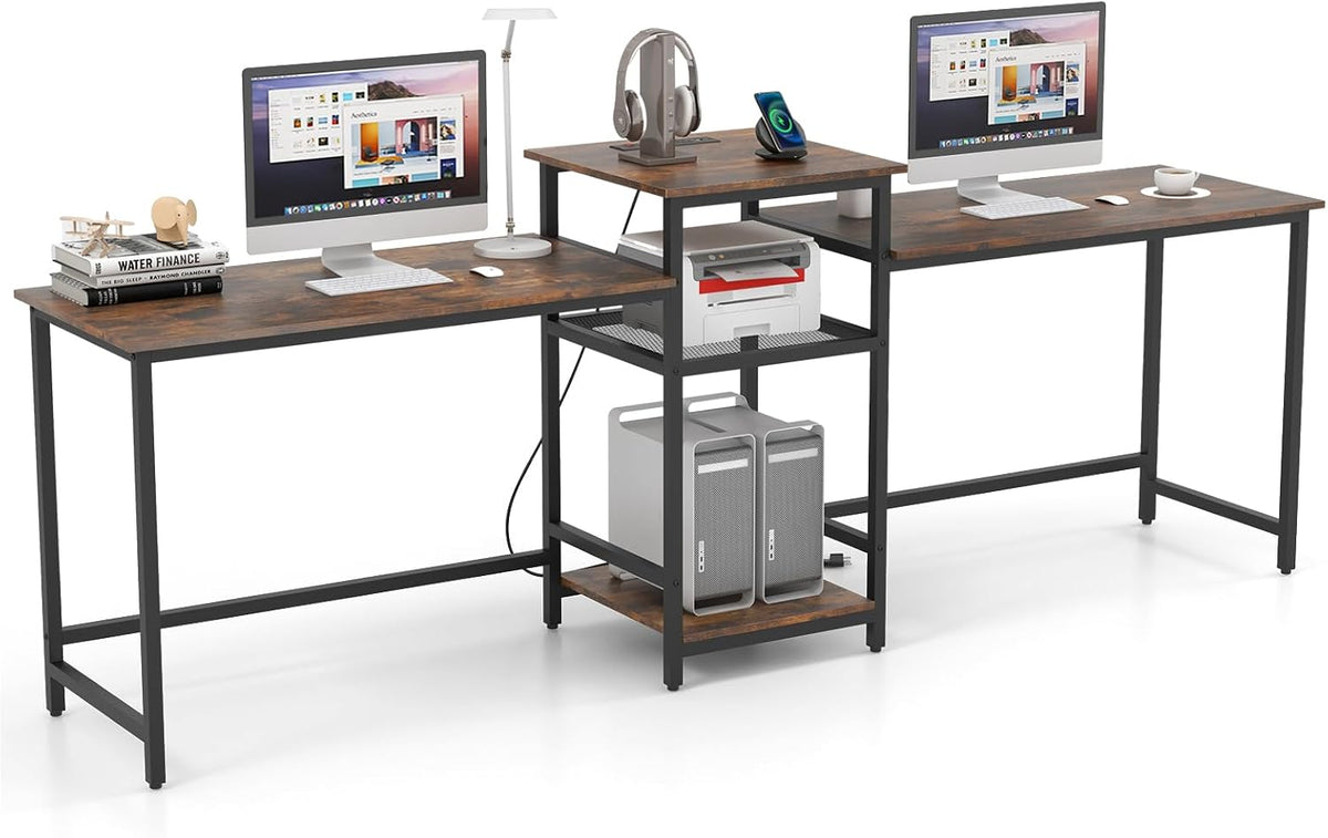 Tangkula 97' Extra Long 2-Person Computer Desk with Power Outlet, Home Office Computer Workstation with Printer Stand, Metal Mesh Shelf & CPU Stand, Double Gaming Table (Rustic Brown)
