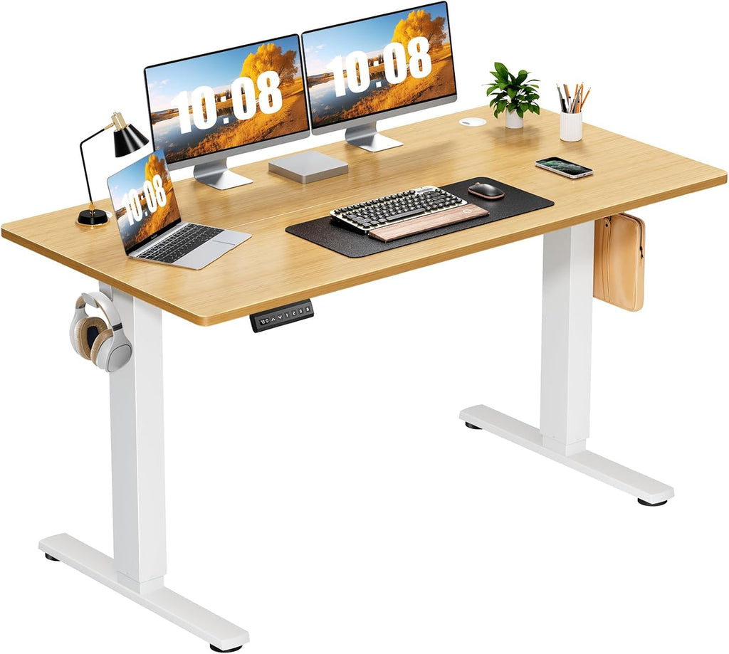 Sweetcrispy Electric Standing Desk Adjustable Height, 55x24 Inch Sit Stand Up Home Office Desks Computer Workstation PC Work Table with 3 Memory Preset Splice Wood Board Metal Frame, Oak