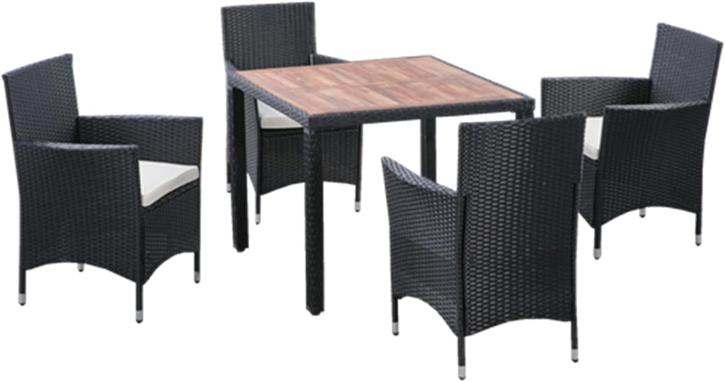 EMKK 5 Piece Outdoor Dining Set All-Weather Wicker Patio Table and Chairs with Cushions, Acacia Glass Tabletop for Backyard Porch Garden Poolside
