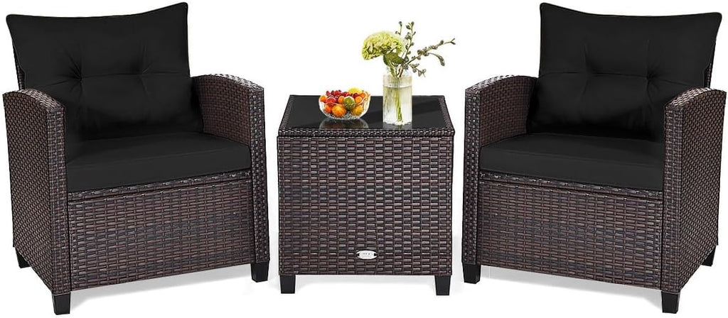 HAPPYGRILL 3 Pieces Patio Conversation Set, Outdoor Furniture Set PE Rattan Sofa Set with Removable Cushions, PE Wicker Chairs with Tempered Glass Side Table for Porch Lawn Garden Balcony Backyard