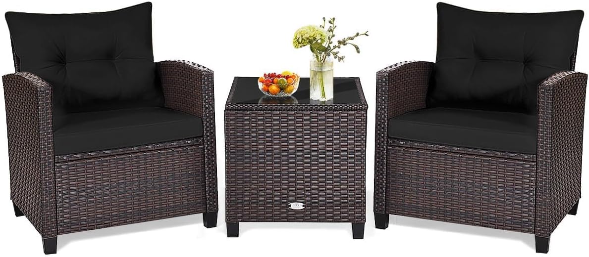 HAPPYGRILL 3 Pieces Patio Conversation Set, Outdoor Furniture Set PE Rattan Sofa Set with Removable Cushions, PE Wicker Chairs with Tempered Glass Side Table for Porch Lawn Garden Balcony Backyard