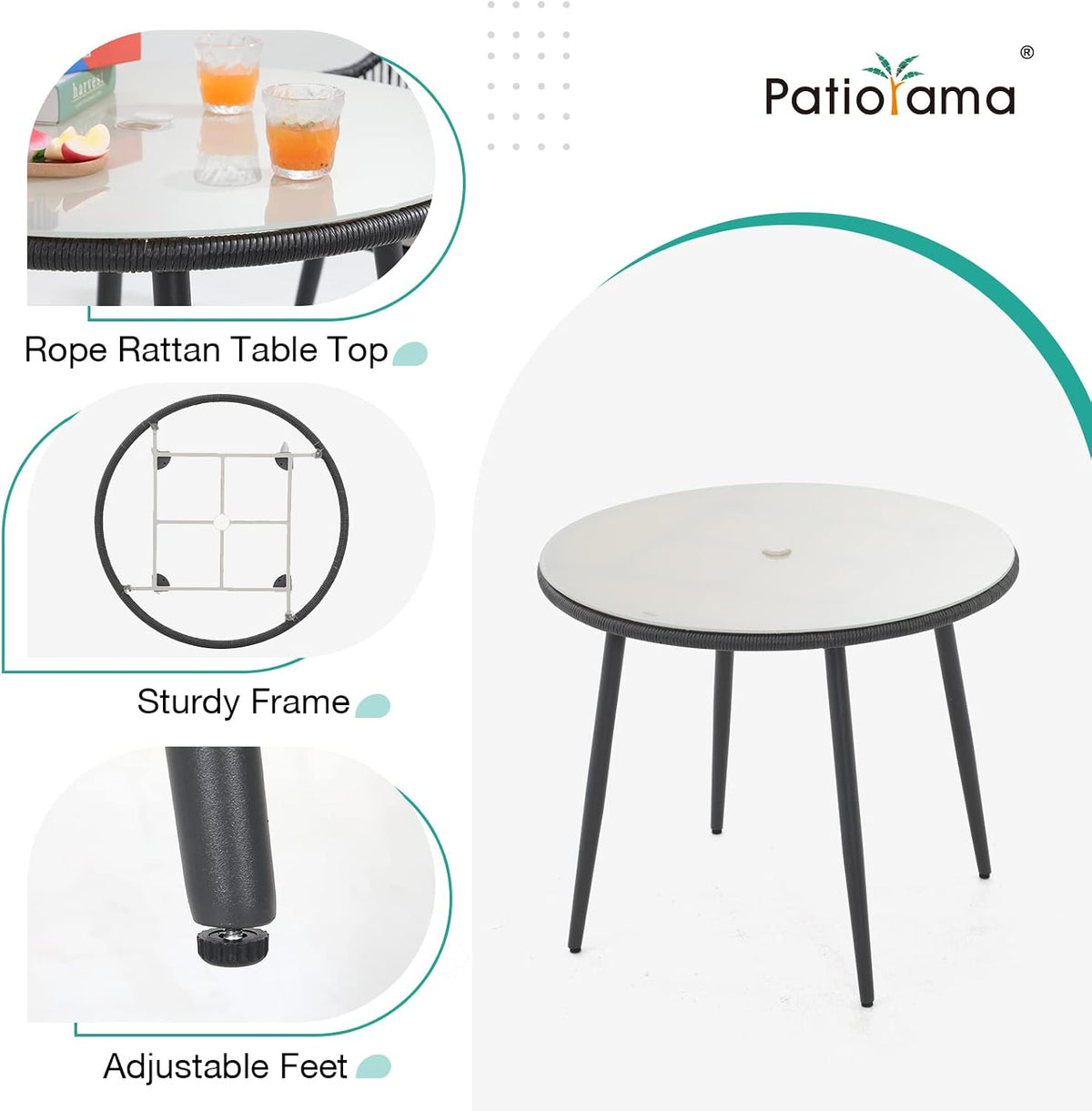 Patiorama 5-PC Patio Dining Set,Outdoor Dining Table Chair Set,All-Weather Twisted Rattan Wicker Rope Conversation Set,Patio Furniture Set w/Umbrella Hole,Cushioned Chairs&Table(Dark Grey&Cross Back)