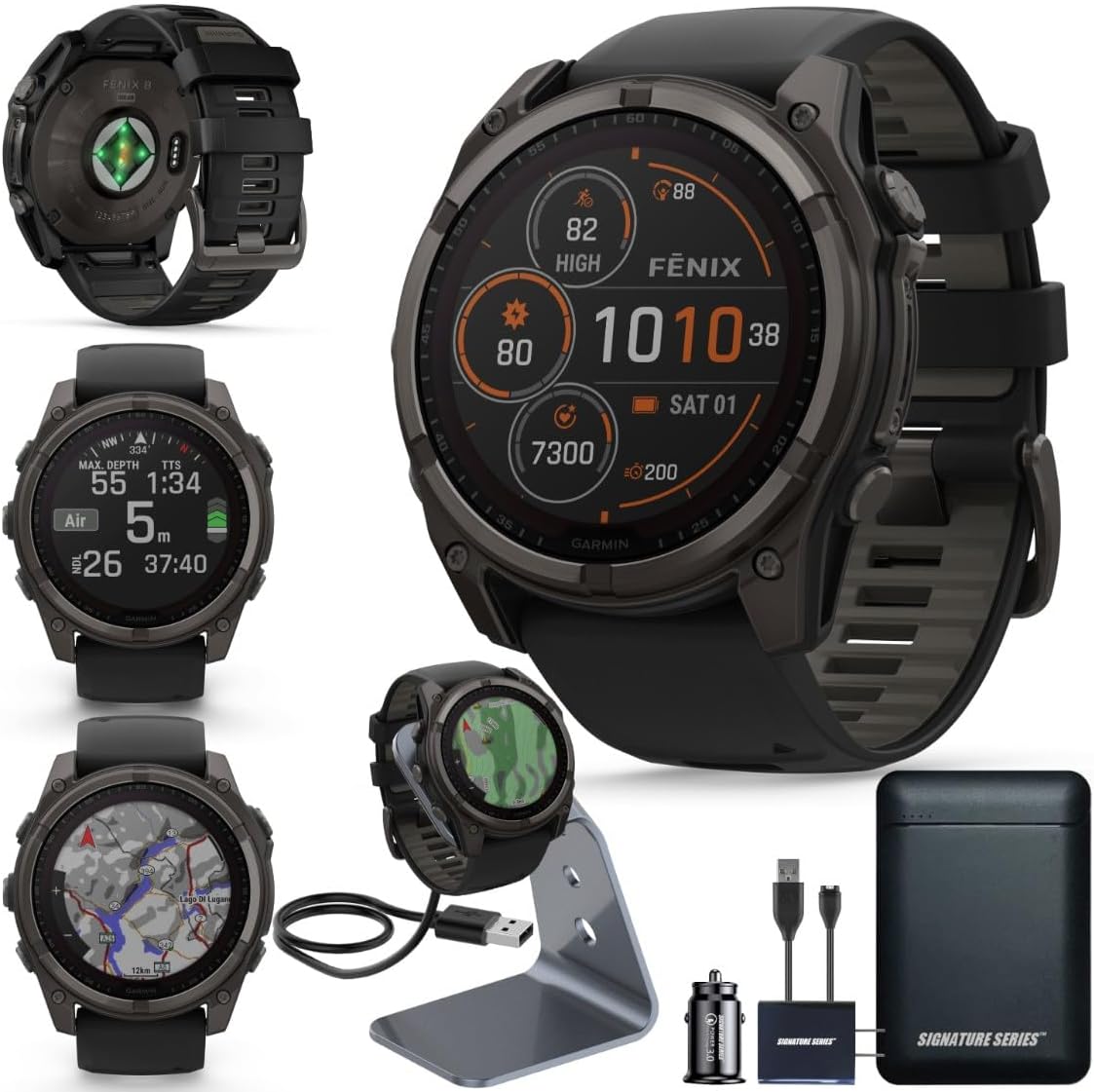 Garmin Fenix 8 Premium Multisport GPS Running Smartwatch, 51 mm, Sapphire, Solar, Dive-Rated, Built-in Flashlight, DLC Titanium with Pebble Gray Band - Signature Series Charging Stand