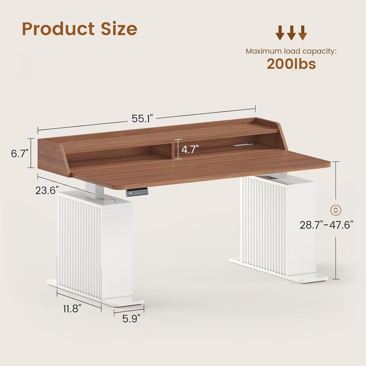 SEDETA Standing Desk with Storage, 55' Fluted Stand Up Desk with Power Outlets & LED Lights, Height Adjustable Table with Monitor Shelf for Home Office, Gaming, Brown + White