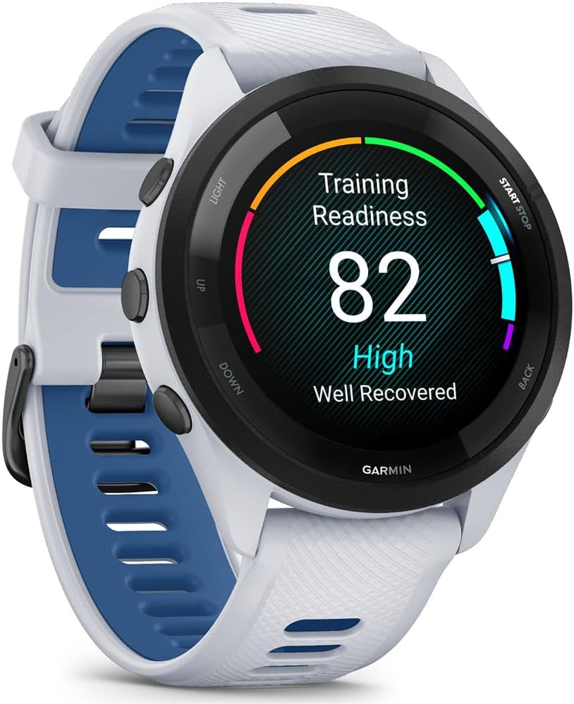 Garmin 010-02810-01 Forerunner 265 GPS Smartwatch Whitestone/Tidal Blue | Official USA Partner Model | Bundle with Deco Essentials Exclusive 26 Month CPS Enhanced Protection Pack