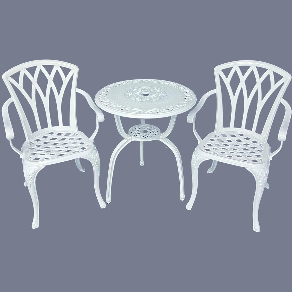 KAILI 3 Piece Bistro Table Set Cast Aluminum Outdoor Patio Furniture with Chair with armrests(White)