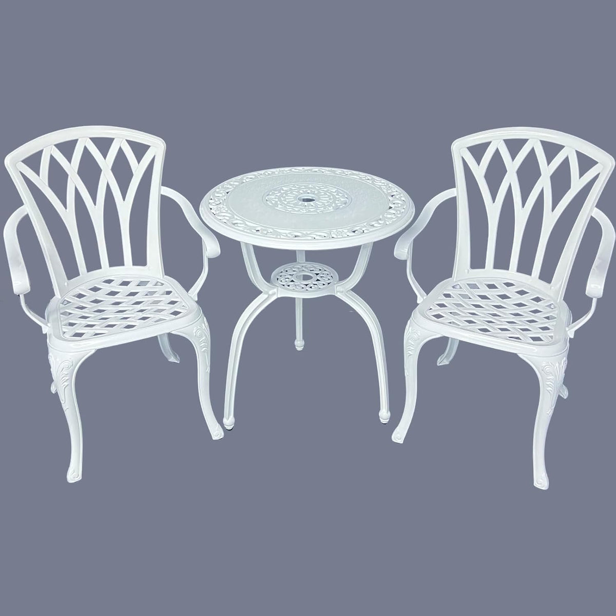 KAILI 3 Piece Bistro Table Set Cast Aluminum Outdoor Patio Furniture with Chair with armrests(White)