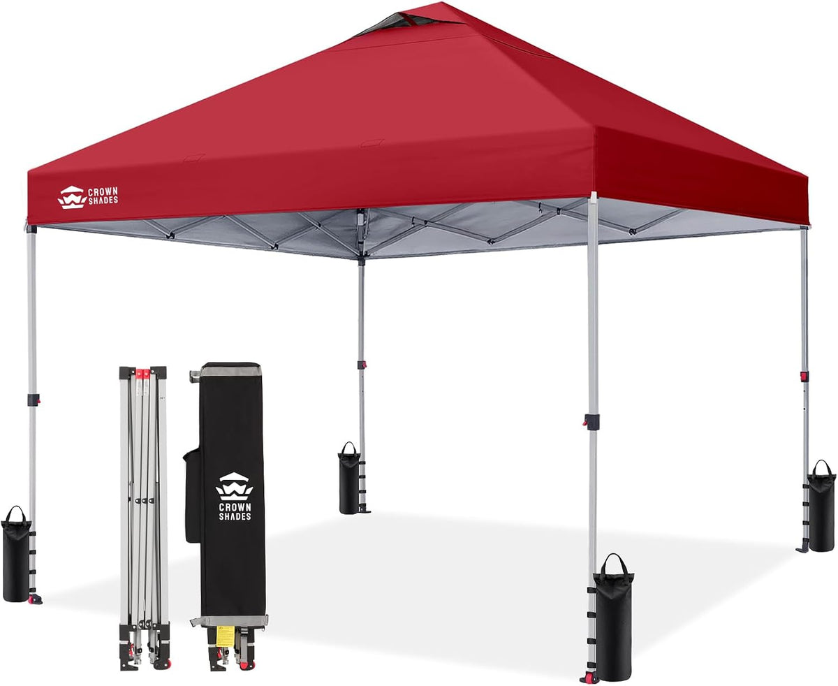 CROWN SHADES 10x10 Pop Up Canopy - Beach Tent with One Push Setup - Easy Outdoor Sun Shade for Events, Parties, Camping - Gazebo with STO-N-Go Cover Bag, Silver Coated Top, Red