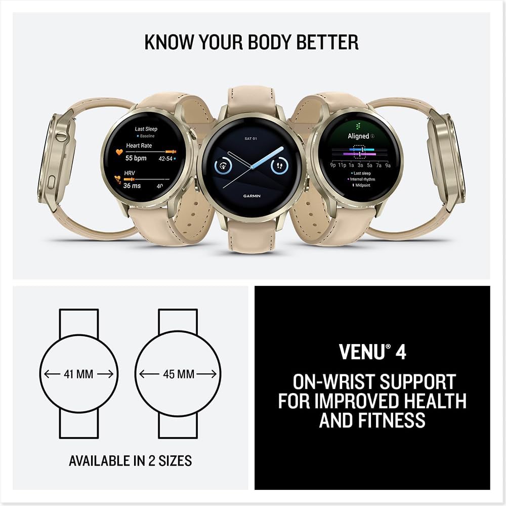 Garmin 010-03013-03 Venu 4, 41mm Smartwatch, Lunar Gold with Bone Band and Light Sand Leather Band Bundle with Deco Essentials Exclusive 26 Month CPS Enhanced Protection Pack