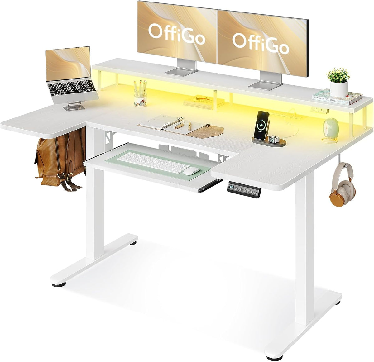 OffiGo U Shaped Electric Standing Desk with Keyboard Tray, 55 Inch Height Adjustable Desk with Power Outlets & LED Lights, Sit Stand Table with Monitor Stand for Home, Office, White