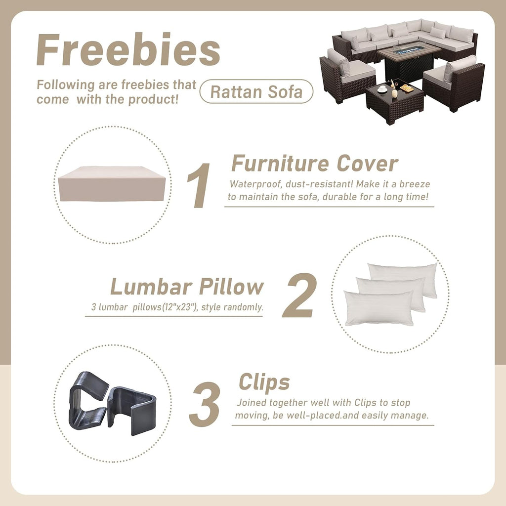 Lviden 10 Pieces Wicker Patio Furniture Set Outdoor PE Rattan Sectional Conversation Sofa Set with Non-Slip Cushions and 45' Fire Pit Table, Beige