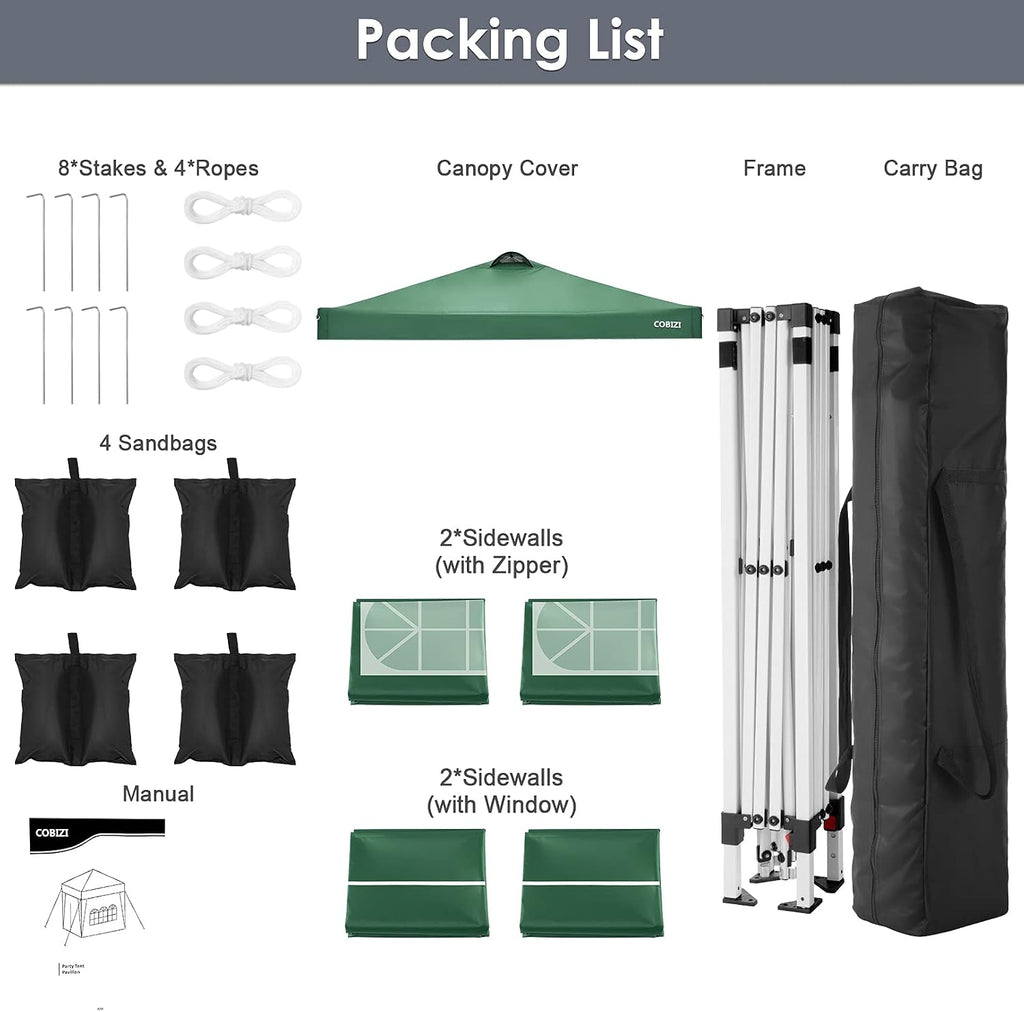 COBIZI Pop Up Canopy Tent Beach Canopy Outdoor Portable with Air Vent, 4 Removable Sides and Sandbags, 10x10, Green