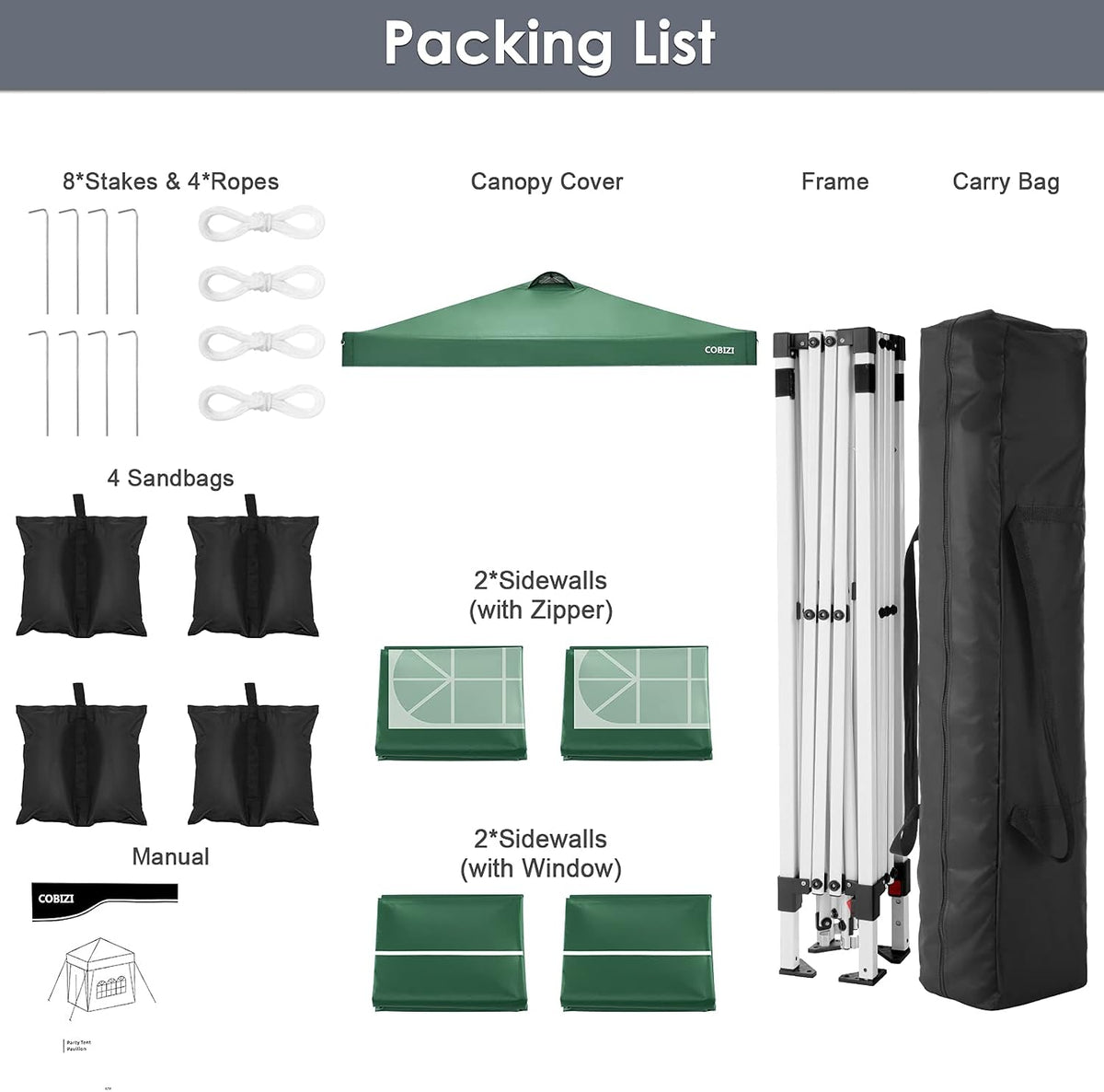 COBIZI Pop Up Canopy Tent Beach Canopy Outdoor Portable with Air Vent, 4 Removable Sides and Sandbags, 10x10, Green