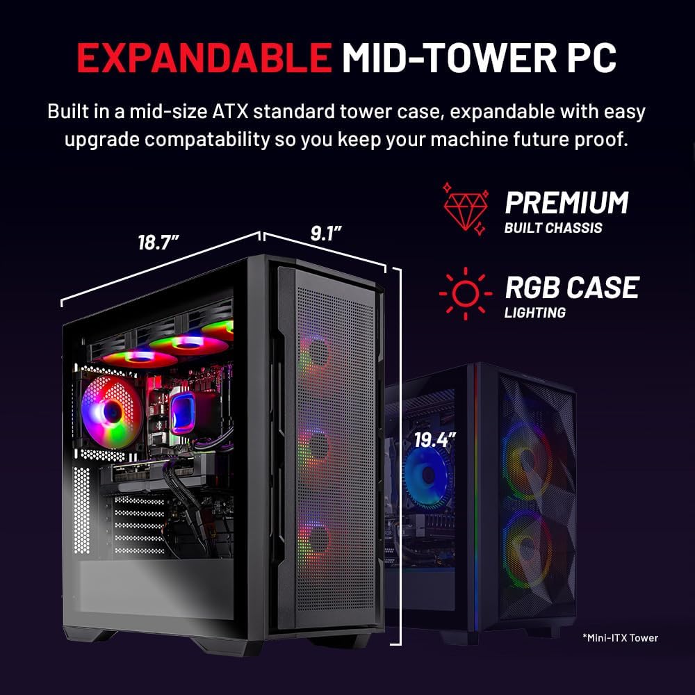 Skytech Gaming Rampage Desktop PC, Intel i7 14700F 2.1 GHz (5.3GHz), NVIDIA RTX 4070 12GB, 2TB NVMe SSD, 16GB DDR5 RAM 5200, 750W Gold PSU, 360mm ARGB AIO, Wi-Fi, Win 11