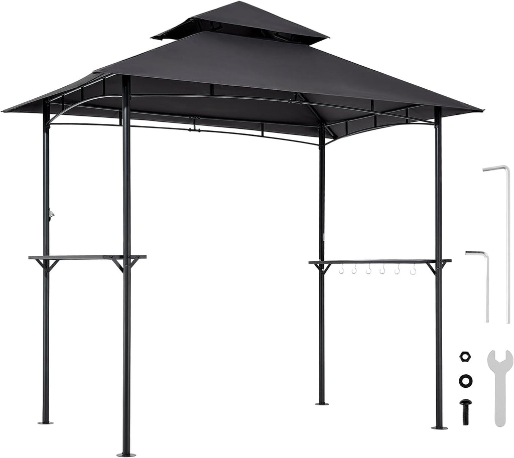 VEVOR Grill Gazebo, 8 x 5 ft Outdoor BBQ Gazebo with Double-Tiered Roof, Powder-Coated Steel Patio Grill Shelter with 2 Side Shelves & 8 Hooks, Grilling Canopy for Patio Backyard Garden Picnic