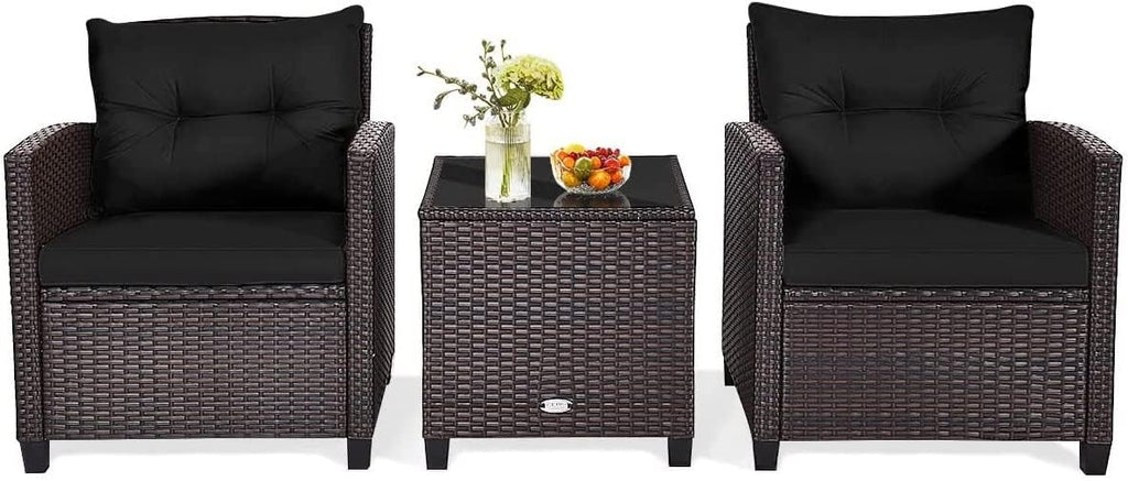 HAPPYGRILL 3 Pieces Patio Conversation Set, Outdoor Furniture Set PE Rattan Sofa Set with Removable Cushions, PE Wicker Chairs with Tempered Glass Side Table for Porch Lawn Garden Balcony Backyard