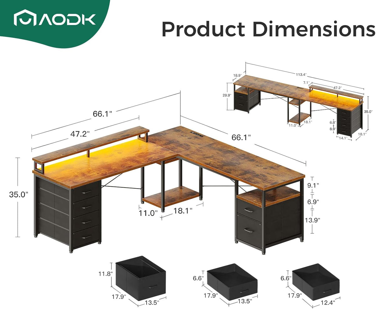 AODK 66' L Shaped Computer Desk, 113' Reversible Home Office Desk with File Cabinet & 4 Fabric Drawers, Two Person Desk with LED Lights & Power Outlet, Corner Gaming Desk with Monitor Shelf, Vintage