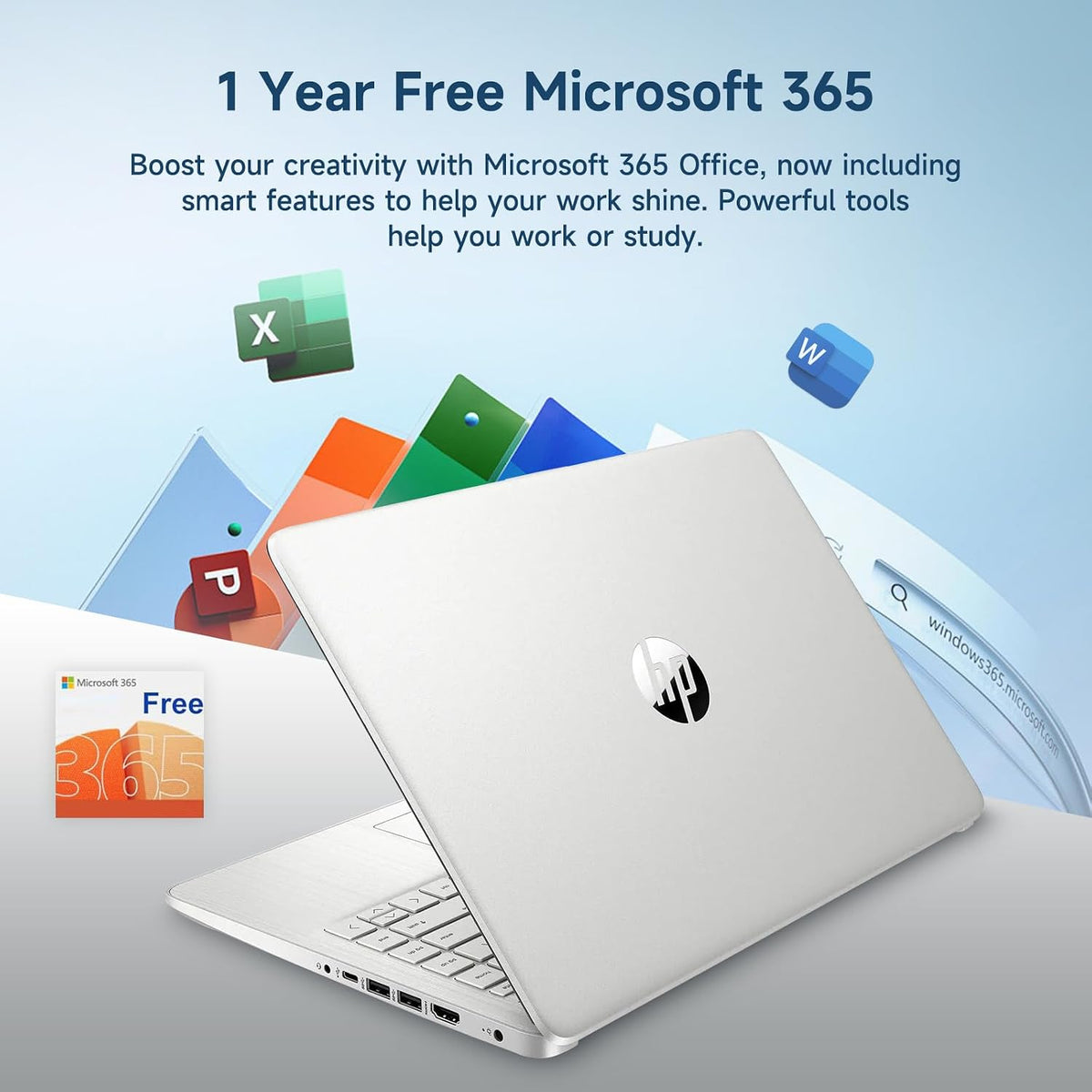 HP 14 Student-Laptop Back to School, Quad-Core Processor (Beat i3) 4GB RAM 128GB SSD, Laptops for Student with 1-Year Office 365 Copilot AI Win11, Natural Silver