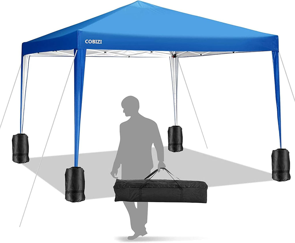 COBIZI Pop-Up-Pavillon, 3 x 3 m, Wasserdicht, sofortige Baldachin, silberbeschichtet, 99% UV-Schutz, mit verstellbaren Beinhöhen, 4 Gewichtstaschen, Heringen und Seilen (Blau)
