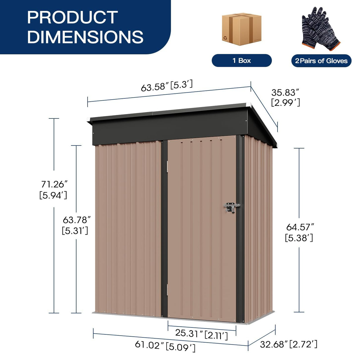 Aoxun 5x2.7 FT Shed Outdoor Storage Shed Metal Tool Shed with Door and Lock Outdoor Shed for Garden, Backyard, Poolside, Brown