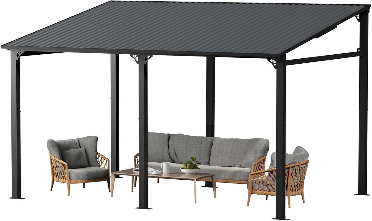 EBE 14' x 10' Outdoor Hardtop Gazebo, Lean to Gazebs with Galvanized Steel Roof, Metal Wall Mounted Pergola and Gazebos on Clearance, Grill Gazebo Awning for Patio, Poch, Backyard