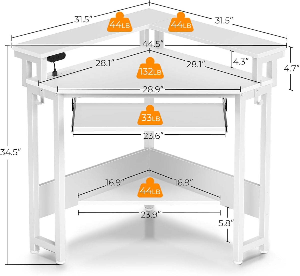 Rolanstar Corner Desk, 44.5' W x 34.5' H Small Computer Desk with Power Outlets, Gaming Desks with LED Lights, Triangle Corner Table with Keyboard Tray & Monitor Stand for Small Space, White