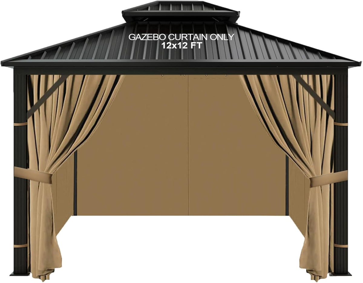 slashome 12'x12' Gazebo Curtains Outdoor Waterproof, Khaki Universal Replacement Curtain 4-Panels, Sidewalls with Zipper for Garden, Patio, Yard (Only Curtains)