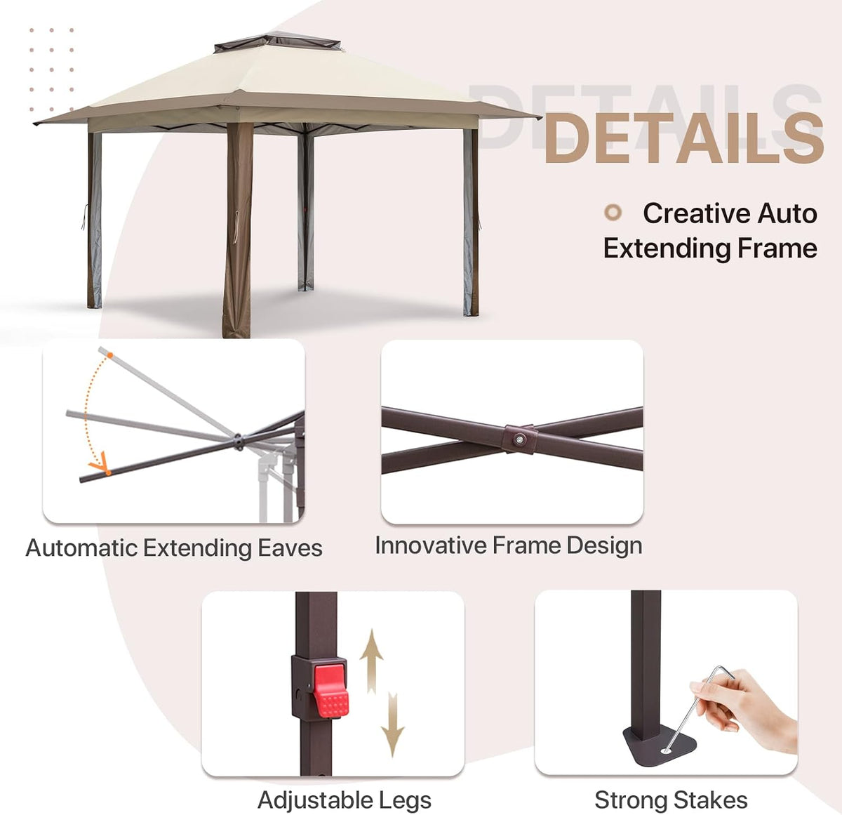 EAGLE PEAK 13x13 Pop Up Gazebo with 4 Wall Panels, Easy Up Canopy for Patio and Backyard, Easy Set up Outdoor Gazebo (Beige/Brown)