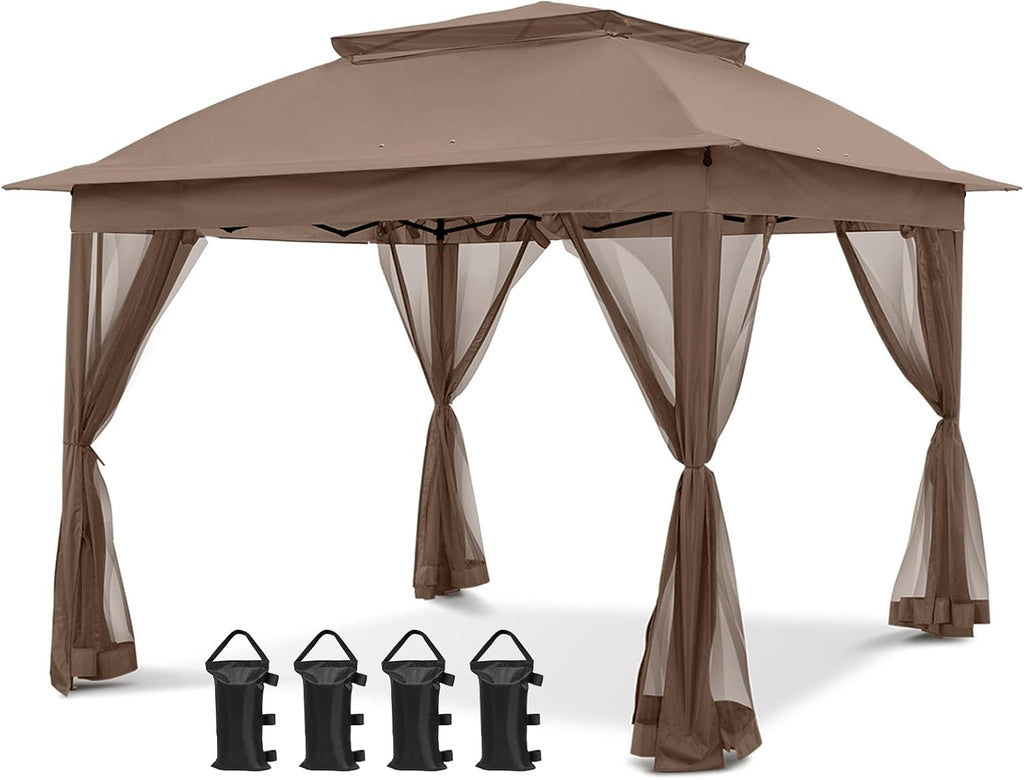 COOS BAY 11x11 Pop Up Gazebo with Mesh Netting, Instant Outdoor Canopy Tent, Water Resistant Shelter with UPF 50+ UV Protection, 121 Sq Ft Coverage, Brown