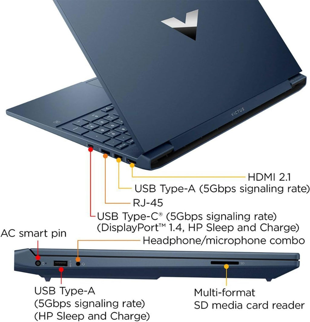HP Victus 15.6 i5 Gaming Laptop, 15.6' FHD 1920*1080 144Hz, Intel Core i5-12450H, NVIDIA GeForce RTX 3050, 16GB RAM, 1TB SSD, Backlit KB, Touchpad, SD Card Reader, Webcam, HDMI, Wi-Fi 6, W11 H, Blue