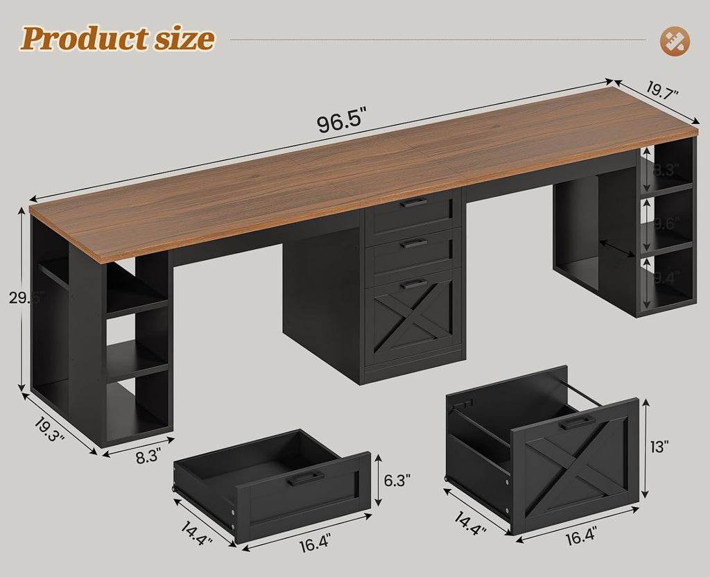 SEDETA Farmhouse 96.5' Office Desk with Drawers, 2 Person Gaming Desk with Storage, Double Computer Desk with Storage Drawers, Long Two Person Writing Desk, Black