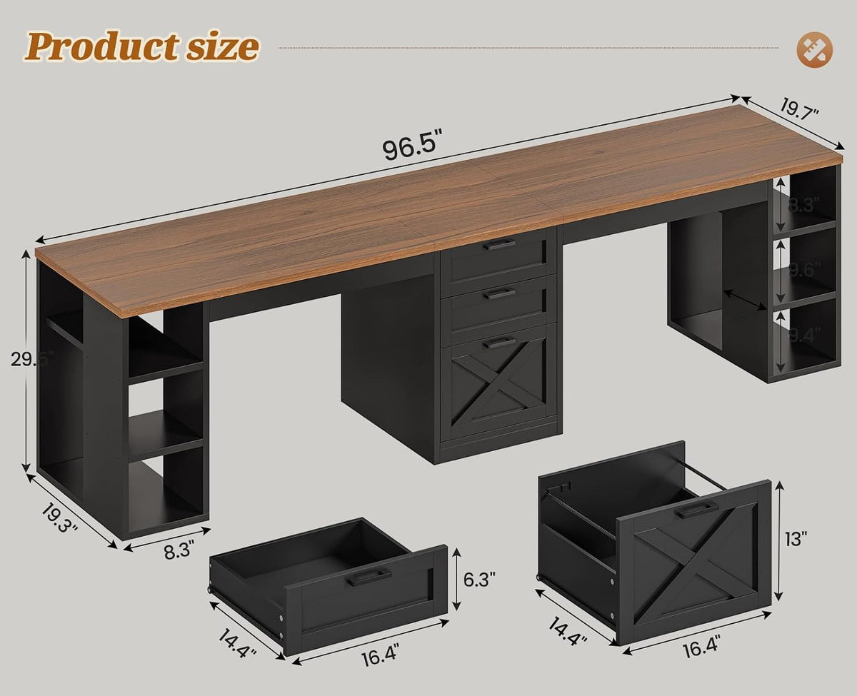 SEDETA Farmhouse 96.5' Office Desk with Drawers, 2 Person Gaming Desk with Storage, Double Computer Desk with Storage Drawers, Long Two Person Writing Desk, Black